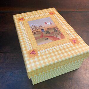 Yellow Gingham Box Flying Angel & Hearts Folk Art vintage cardboard box w/ lid